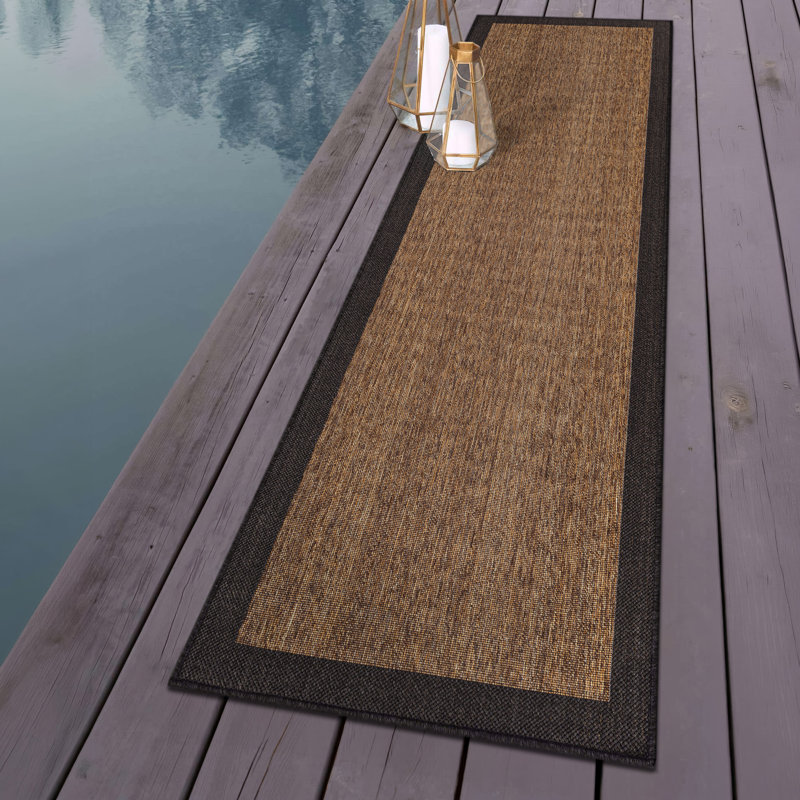 Geometric Border Dark Gray/Natural Easy-Care Jute-Style Indoor/Outdoor Flat Woven Area Rug, Runner 2'3" x 8', Dark Gray