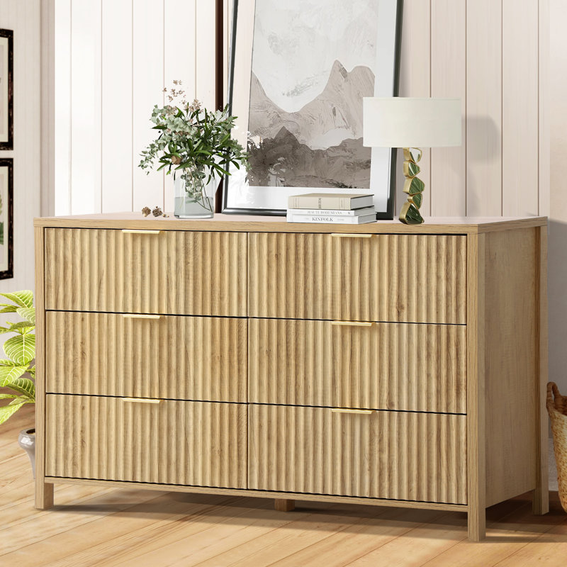 Fluted 6 Drawers Dresser for Bedroom, 54" Wide Chest of Drawers with Thick Plank Styling, Wooden Storage Drawer Organizer
