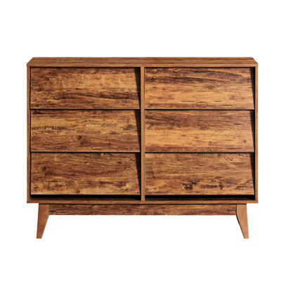 Brun, commode double 6 tiroirs, style rétro, design biseauté, rangement pour chambre de bébé, chambre à coucher