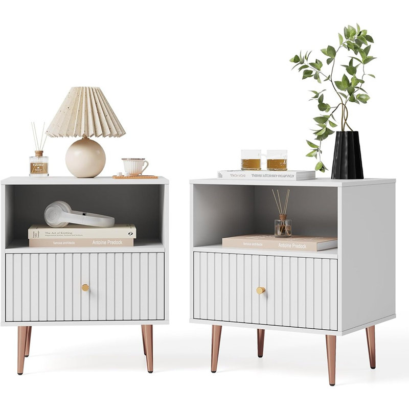 Table de chevet blanche, ensemble de 2 - Tables de chevet cannelées modernes avec porte, rangement ouvert et pieds or rose [Blanc] - [Bois / Moderne / Table de chevet]