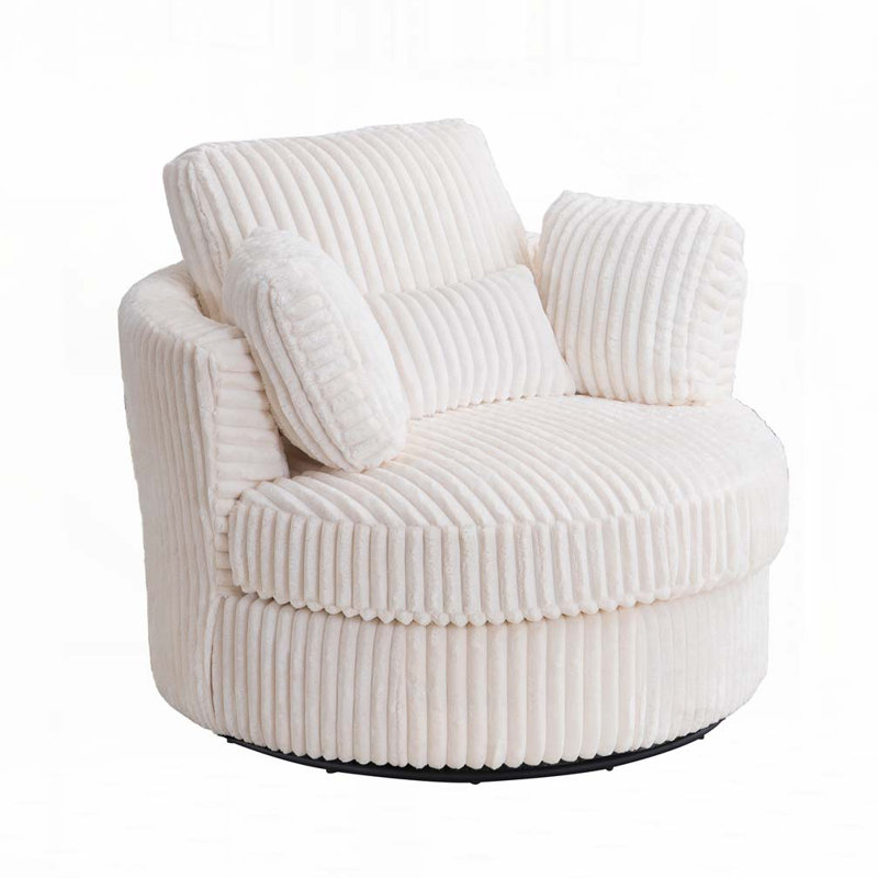 360 Degreed Swivel Accent Chair Modern Soft Plush Corduroy Round Barrel Chair For Living Room Bedroom With Pillows, White