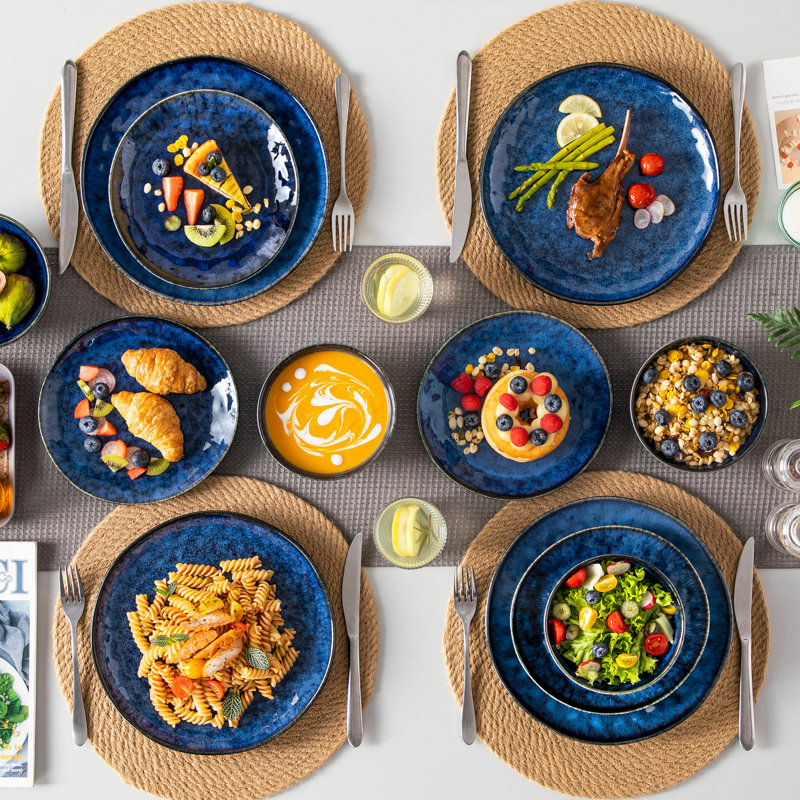 12 Pieces Dinnerware Set, Dinner Plate, Dessert Plate And Bowl Set For 4 Person, Ceramic Dinnerware, Blue