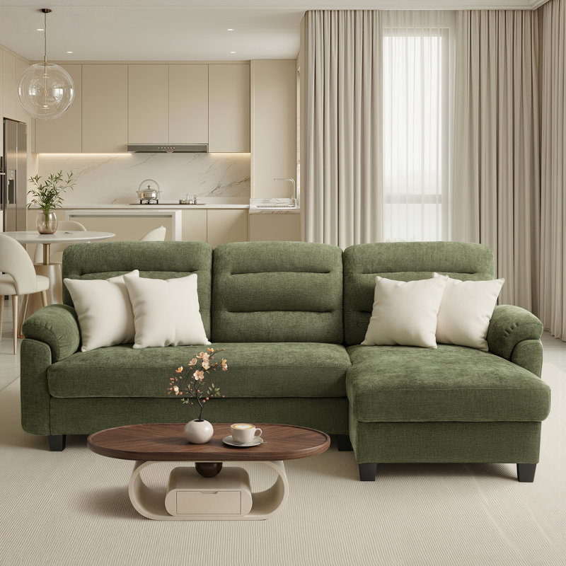 88" Mid-Century Modern Chenille Upholstered L-Shaped 3 Seater Sofa, Green Chenille
