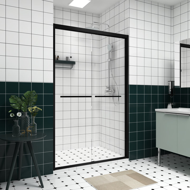 Porte de douche coulissante double de 76 po de hauteur avec poignée pour suspendre la serviette, cadre en aluminium noir, guide d'installation facile