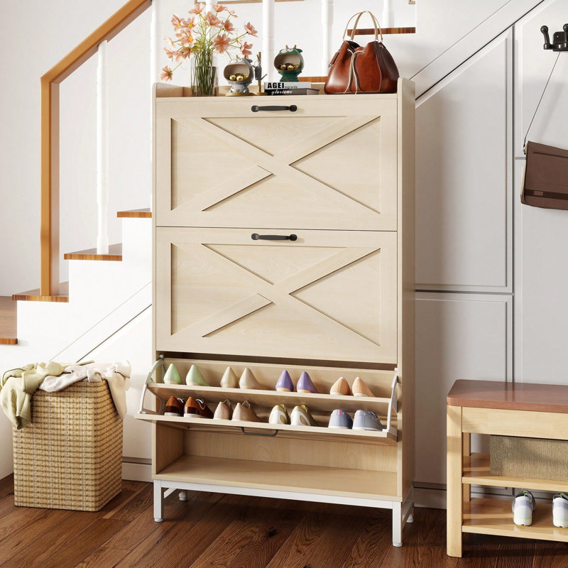 24 Pair Shoe Storage Cabinet, Natural Wood