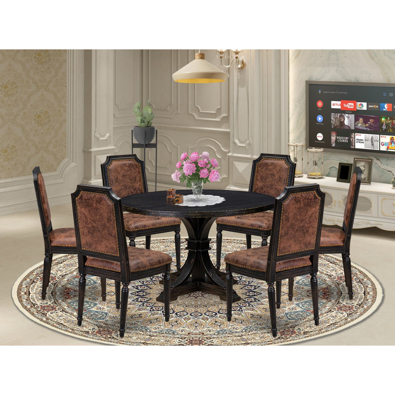 Ensemble de table de cuisine 7 pièces avec 6 chaises de cuisine en polyester texturé brun, haut dossier et une table de cuisine au fini noir sablé.