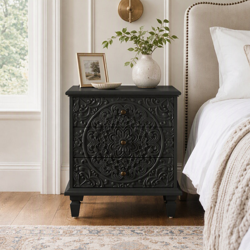 Commode 3 tiroirs, commode en bois sculpté Farmhouse, Noir