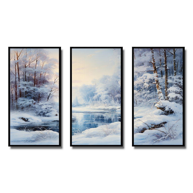 Winter River Window View II - Winter Landscape, art mural, H 28 po x l 36 po x P 1 po, Cadre flottant noir