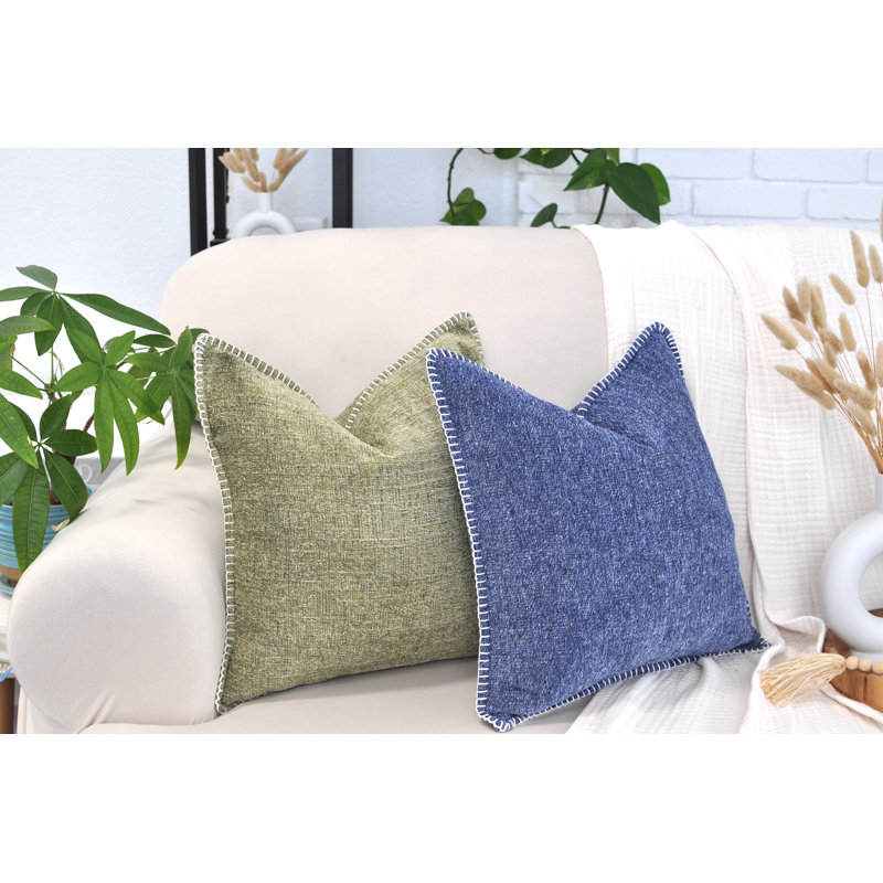 Olive Green Chenille Square Throw Pillow Covers Set with Piped Edges