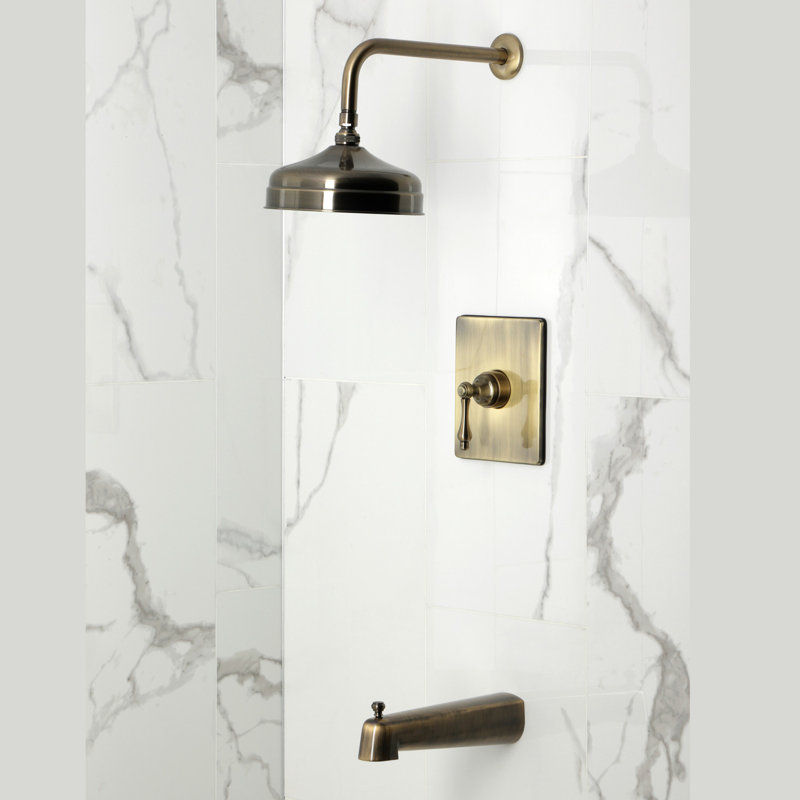 Robinet de baignoire et de douche à pression équilibrée à poignée simple Kingston Brass, Poignée levier, Laiton antique