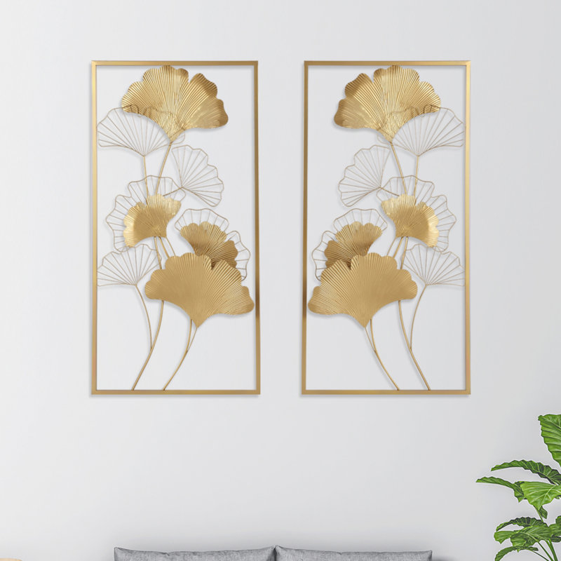 Ensemble de 2 décorations murales feuilles de ginkgo en métal