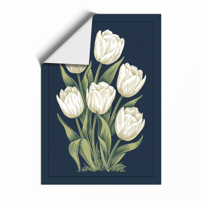 White Tulips On Navy Botanical - Print, Unframed, A2 - 59.4 x 42.0 cm