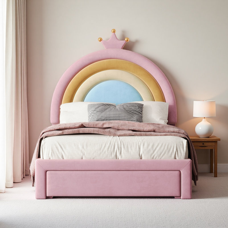 Lit tapissier arc-en-ciel design, lit plateforme en velours avec tiroir de rangement Princess, Lit simple