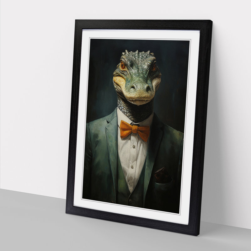Crocodile in a Suit Painting - Framed Print, Black , 46cm H x 34cm W x 2cm D