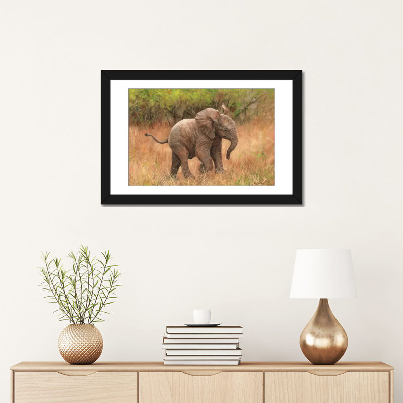«Baby African Elephant», impression sur toile, H 16 po x l 24 po x P 1 po, Papier d'art encadré noir, Blanc