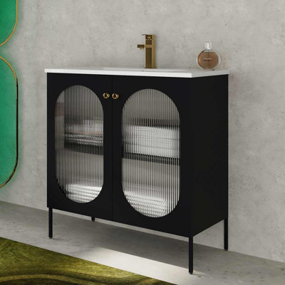 Meuble-lavabo autoportant de 30 pouces avec lavabo en céramique, armoire avec tablettes réglables