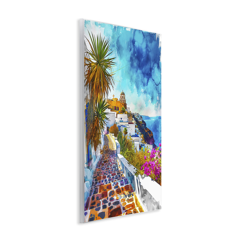 Art mural tropical, ville côtière par RB, H 15 po x l 10 po