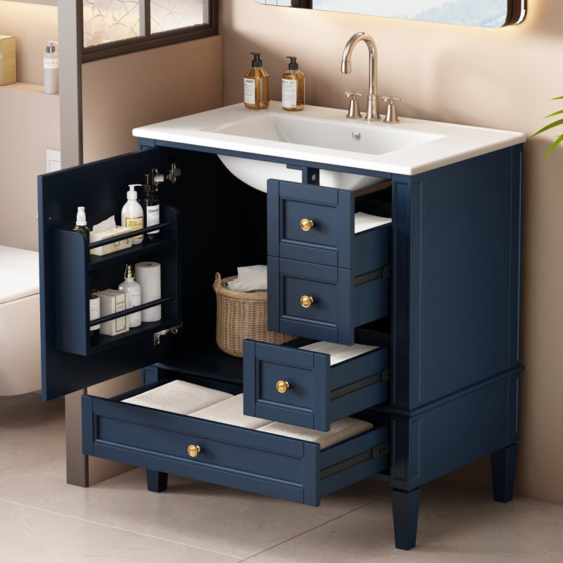 Meuble-lavabo 3 tiroirs 3 po avec lavabo en céramique, Bleu