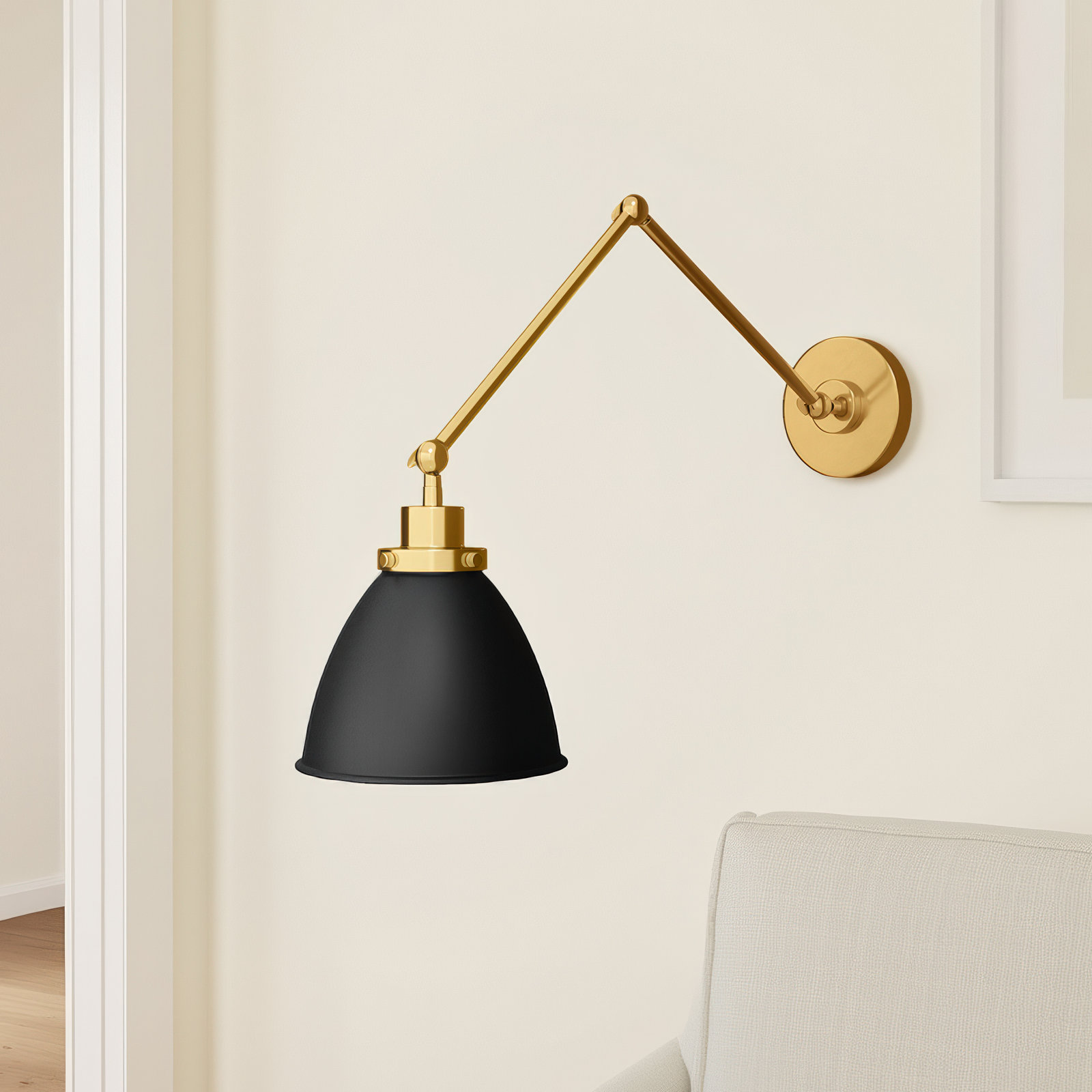 Single Light Dimmable Armed Sconce, Midnight Black, Burnished Brass