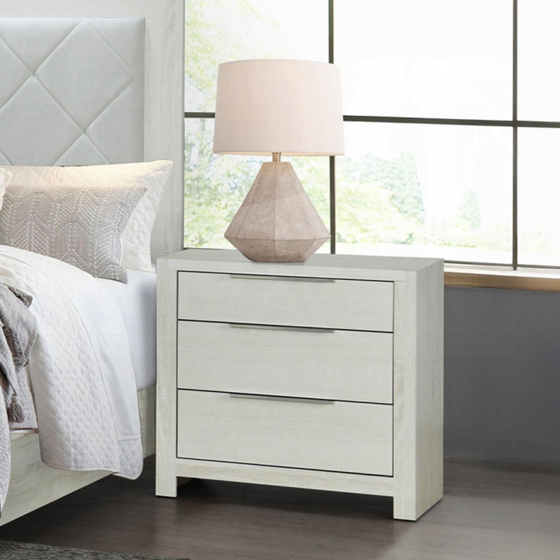Table de chevet moderne de style transitionnel beige avec 3 tiroirs et table de chevet en bois