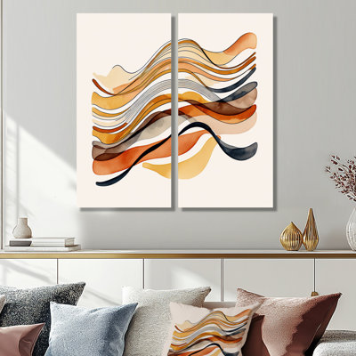 «Burnt Orange Waves Abstract I» - Décoration murale moderne jaune 2 pièces