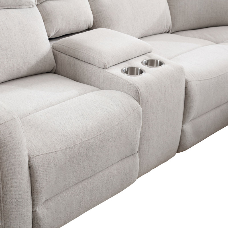 Ibach 3 - Piece Modern and Overstuffed Soft Power Reclining Sectional with Cupholders and Storage, Beige Polyester Blend