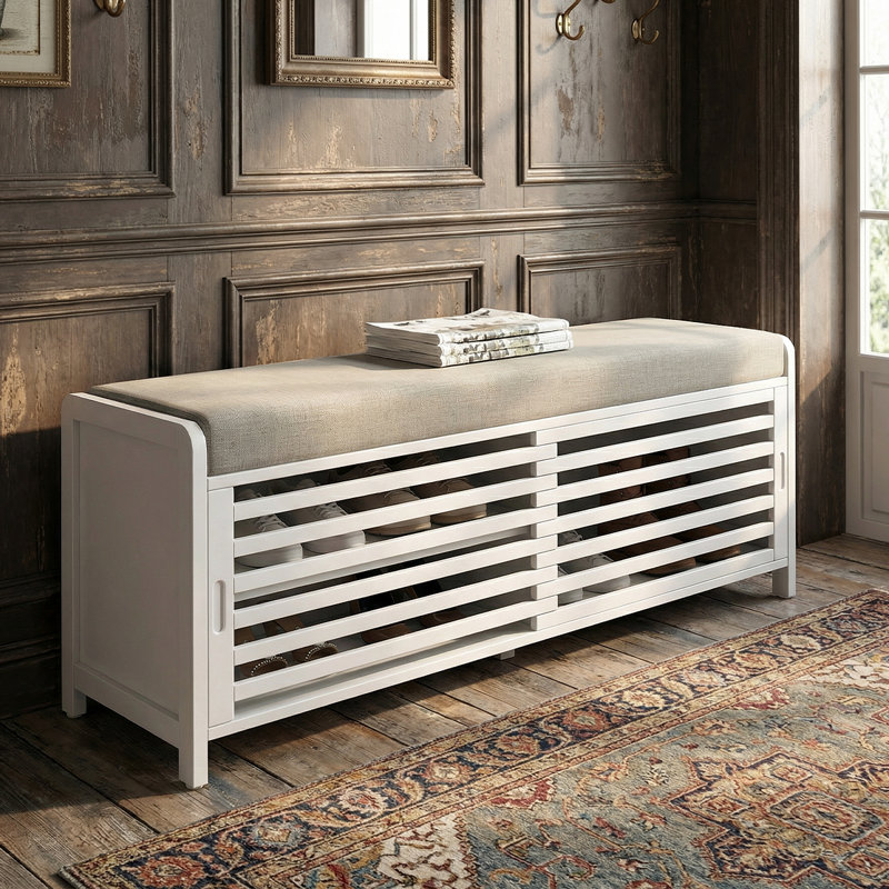 Rustic Entryway Storage Bench With Cushion - Shutter Door Organizer For Shoes And Accessories, White