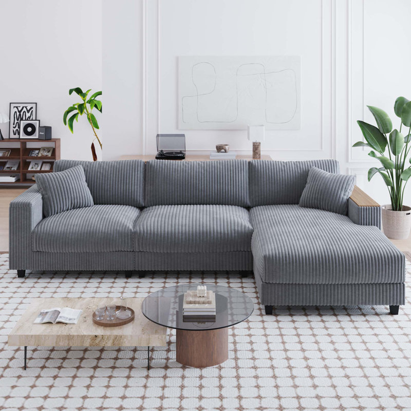 Deitz L-Shaped Corduroy Sectional Sofa with Hidden Storage & Pillows, Right Hand Facing, Gray Corduroy