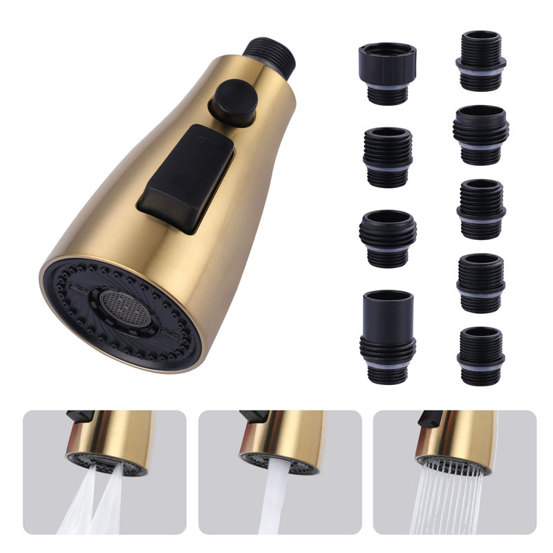 Tête de robinet de cuisine à 3 fonctions avec 9 adaptateurs, remplacement de tête de robinet de cuisine escamotable, Gold