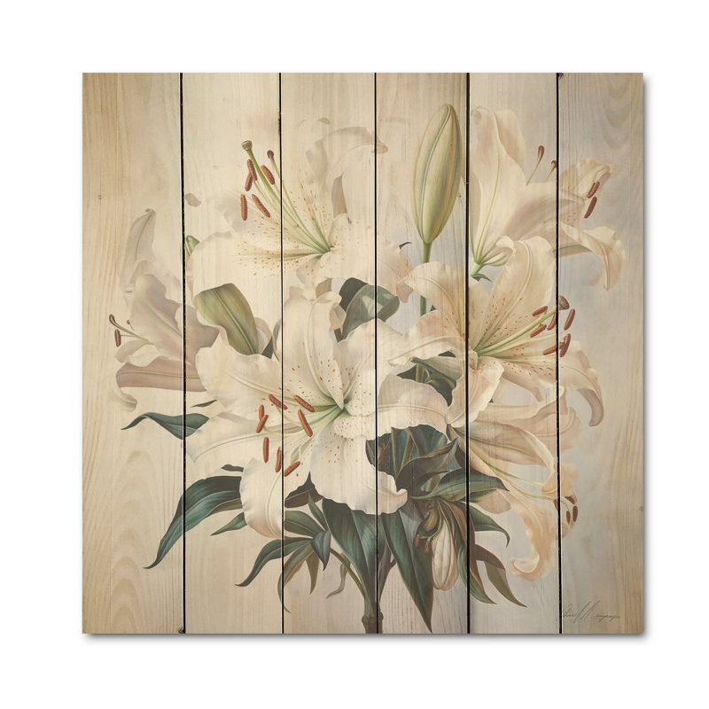 Lily Blossom Ballet - Lilies Wood Wall Art On Natural Pine Wood, 25" H x 25" W