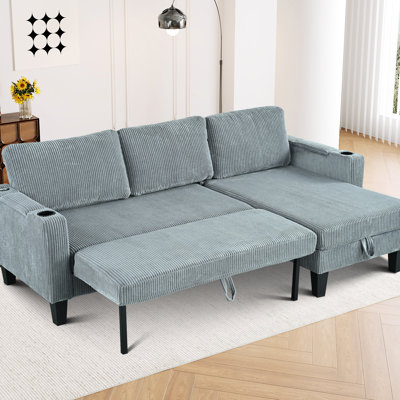 Canapé modulaire réversible moderne avec méridienne, hublots et porte-gobelets en velours côtelé gris pour bureau d'appartement