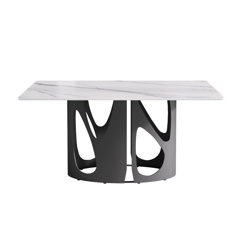 Table de salle à manger en pierre frittée de 63 po - panneau blanc, base en métal noir, pour 6 personnes, pieds en fer, Beige