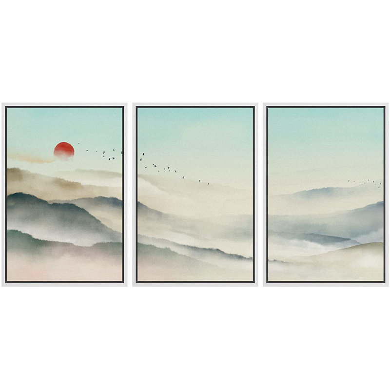 «Abstract Landscape Mountain Range Misty Valley», peinture sur toile flottante 3 pièces, H 24 po x l 48 po, Cadre blanc