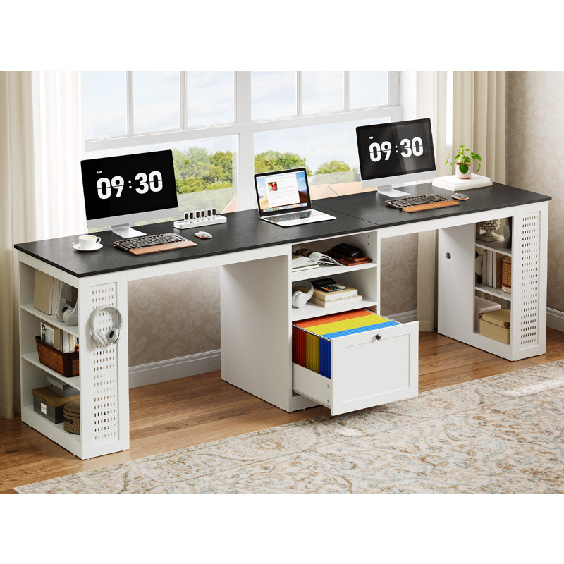 96.5" Double Computer Desk With Rising Table and Pegboard, Two Person Desk With Drawer & Shelves, Extra Long Writing Desk With File Drawer