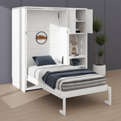 Twin Size Rotating Wall Murphy Beds With Bookshelf, Upper Cabinet, Extendable Desk, And Side Storage