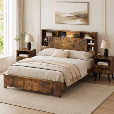 Ensemble de chambre à coucher 3 pièces avec lit tête de lit avec rangement, DEL, station de charge et 2 tables de chevet