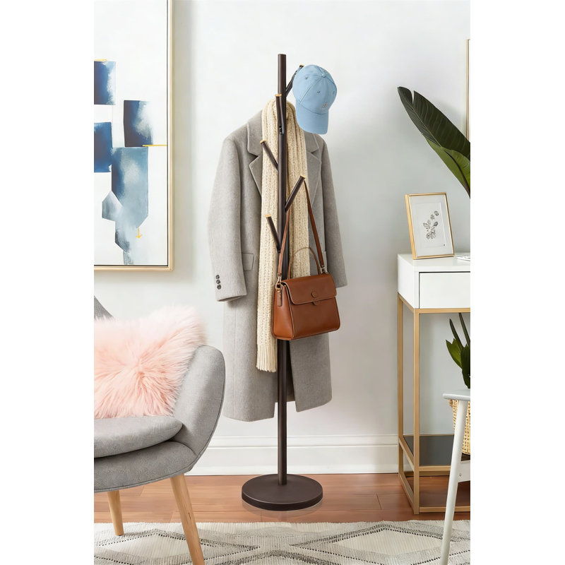 Modern Freestanding Coat Rack With Weighted Base, 6 Heavy-Duty Hooks For Hats, Coats, And Bags, Space-Saving Design For Home, Office, Or Entryway