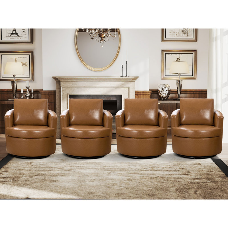 Fauteuil d'appoint pivotant en tonneau en cuir végétalien moderne 32,3 po de largeur avec accoudoirs courbés et coussin amovible (ensemble de 4)