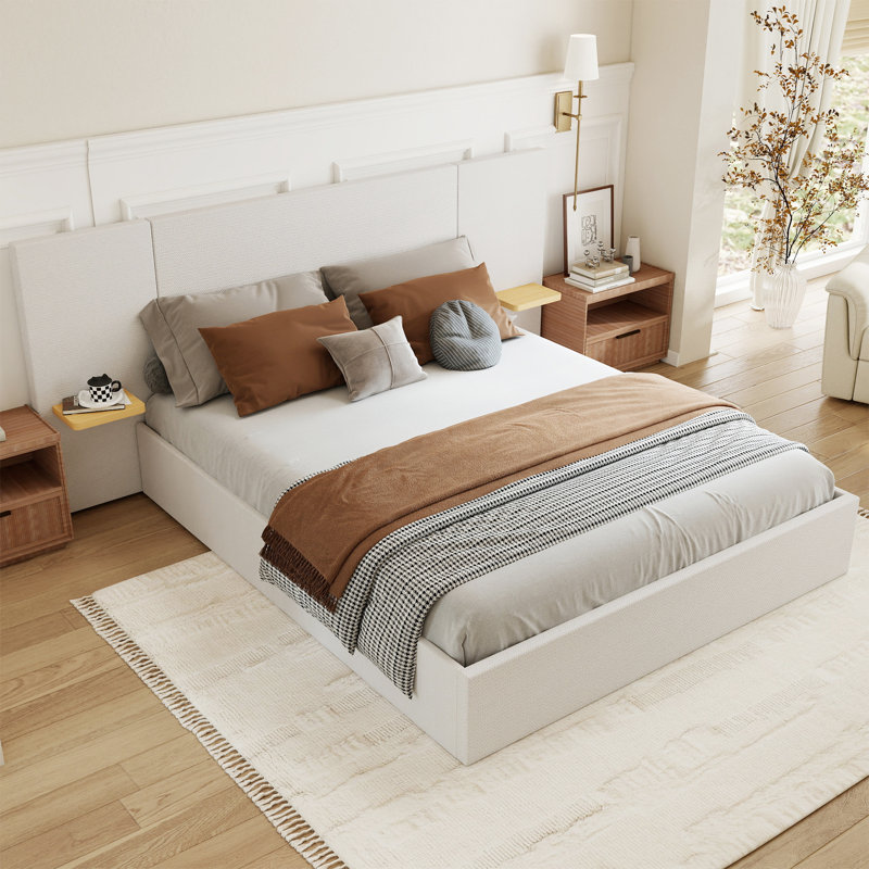Upholstered Platform Bed Frame with 2 Floating Shelves, Queen