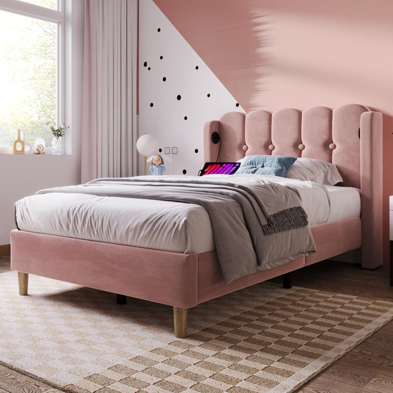 Upholstered Bed With Usb Linen, Single (3'), Pink