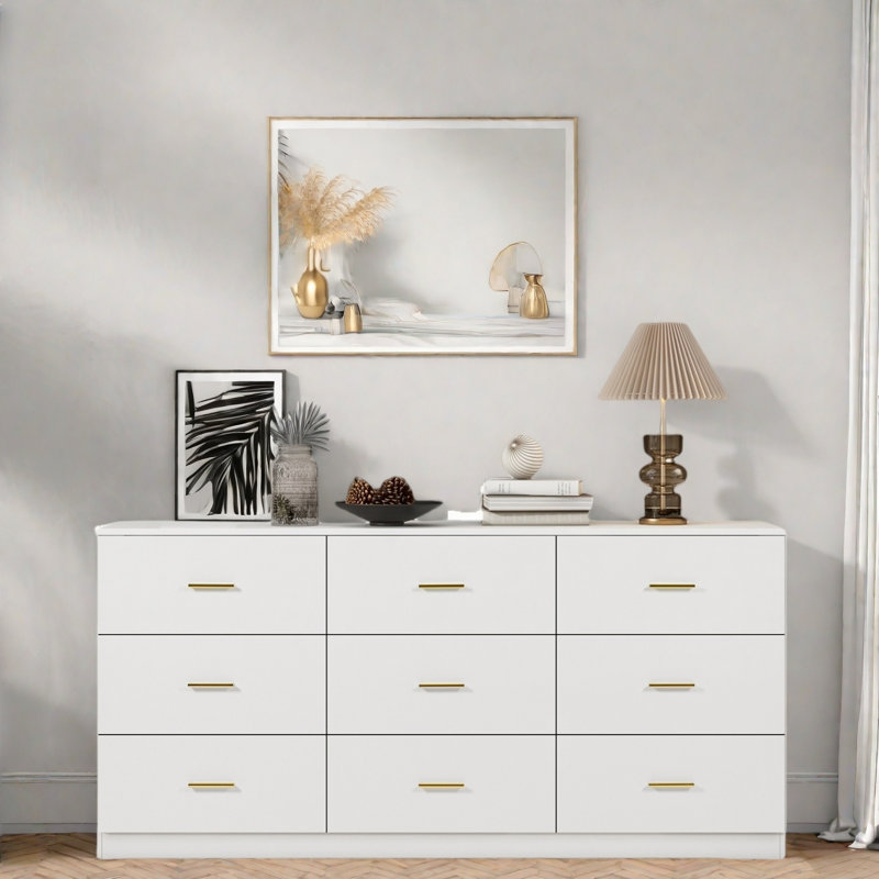 Commode moderne avec 9 tiroirs et poignées dorées