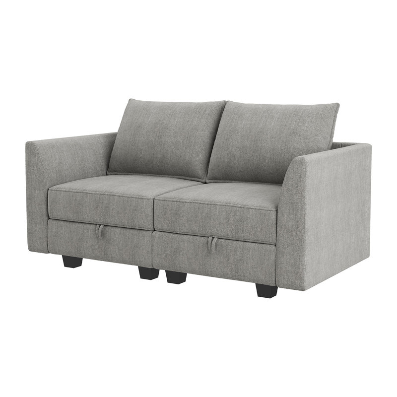 61" Square Arm Modular Loveseat with Storage Space, Dark Grey Polyester Blend