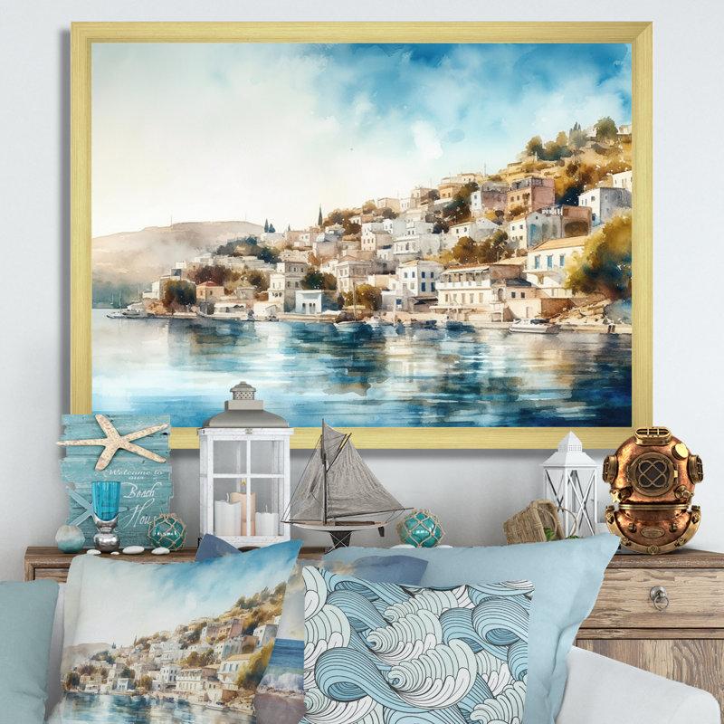 «Blue Mediterranean Seaside Charm», reproduction sur toile, H 12 po x l 20 po x P 1 po, Cadre doré