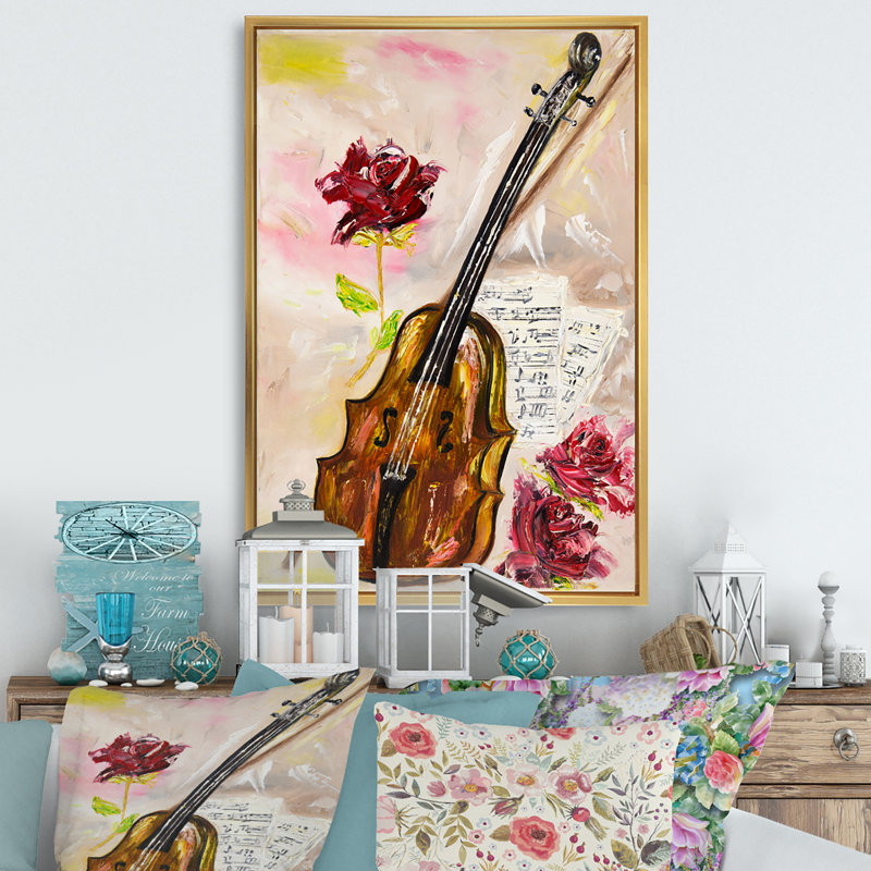 Violon et roses - sur, H 36 po x l 24 po x P 1 po, Toile avec cadre flottant or