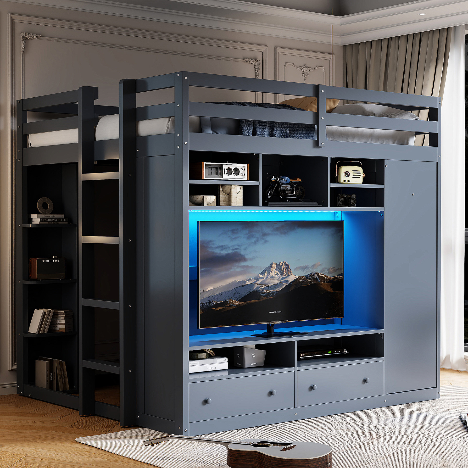 Latitude Run® Grey Full Size Loft Bed With Smart Shelving And Drawers ...