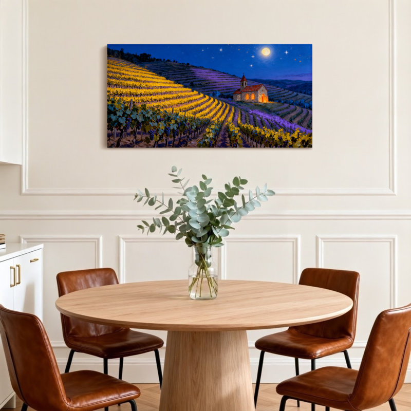 «Landscape & Nature Vineyard Church Moonlit Night Landscape», reproduction d'art, H 24 po x l 48 po