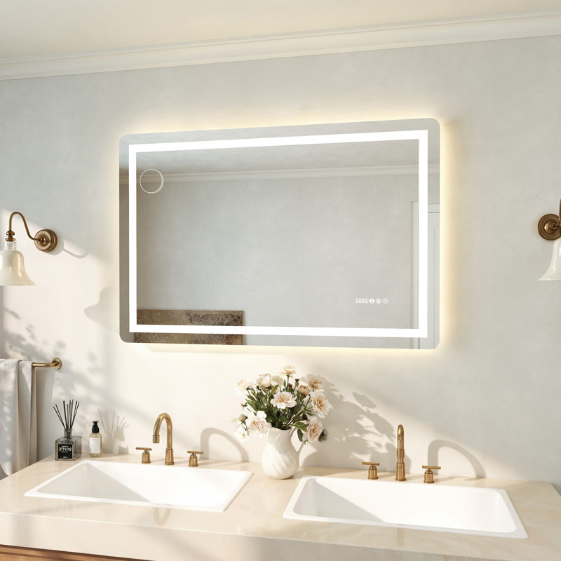 Miroir de salle de bain intelligent à DEL avec capteur infrarouge grossissement 10x et double éclairage, Horizontale