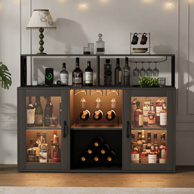 Meuble bar à vin moderne avec éclairage DEL et prises électriques – Buffet indépendant avec casier à vin, porte-verres et grand espace de rangement – ​​Idéal pour la salle à manger, la cuisine ou le salon