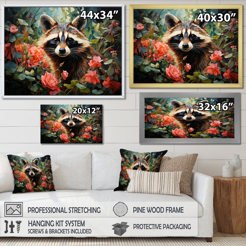 Noir et rose fleur de raton laveur - art mural raton laveur, Cadre flottant noir, H 16 po x l 32 po x P 1 po