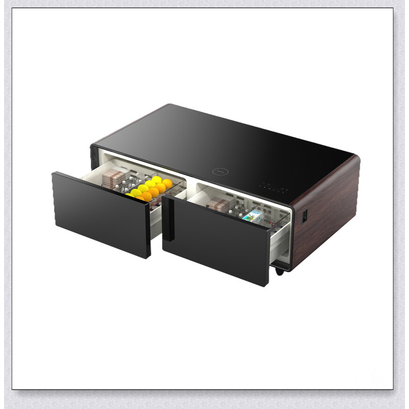Table basse moderne et intelligente avec réfrigérateur intégré, haut-parleurs Bluetooth, chargement sans fil et éclairage RVB pour une commodité ultime